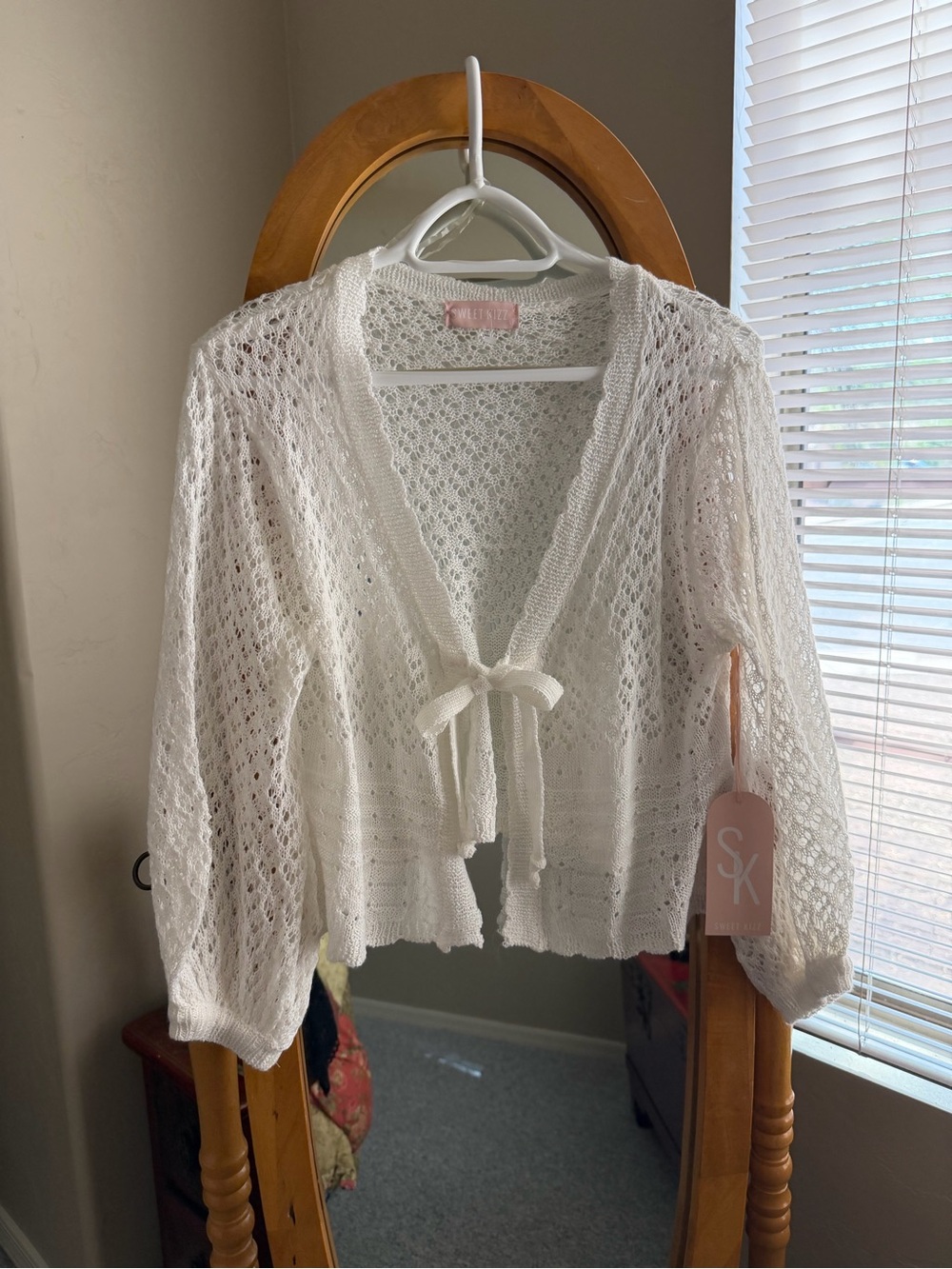 Delicate Open-Knit Tie-Front Cardigan Sweater in White NWT